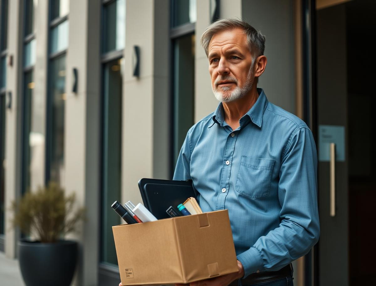 A man leaving an office building carrying a box of his desk belongings
