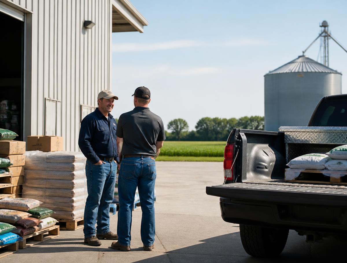 Farm supply cooperative yard with workers, fields and a grain silo behind
