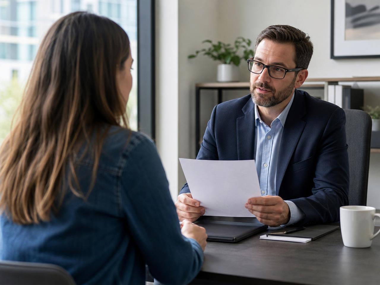 A candidate discussing a job offer with a manager across a desk