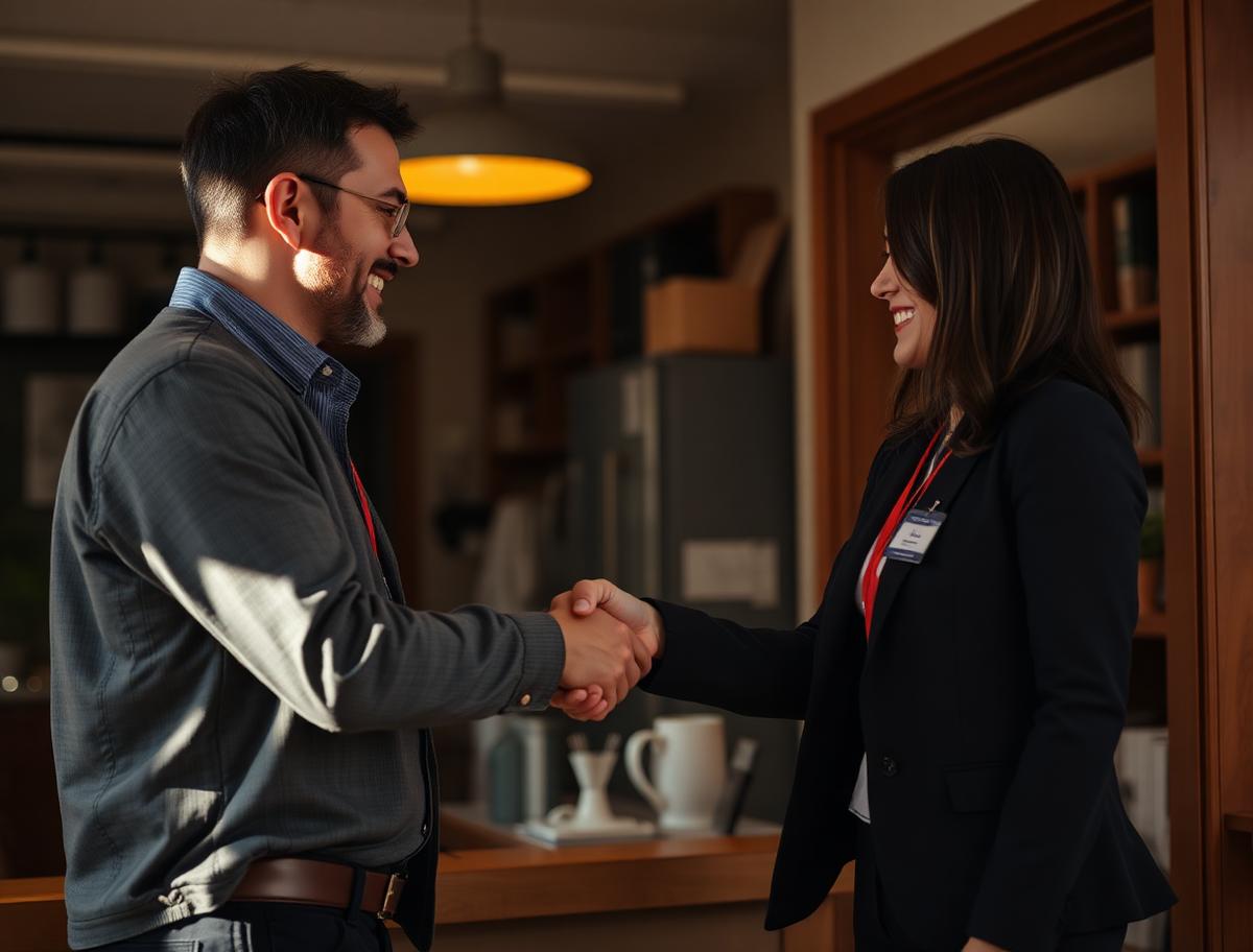 A new employee being welcomed on their first day by a manager
