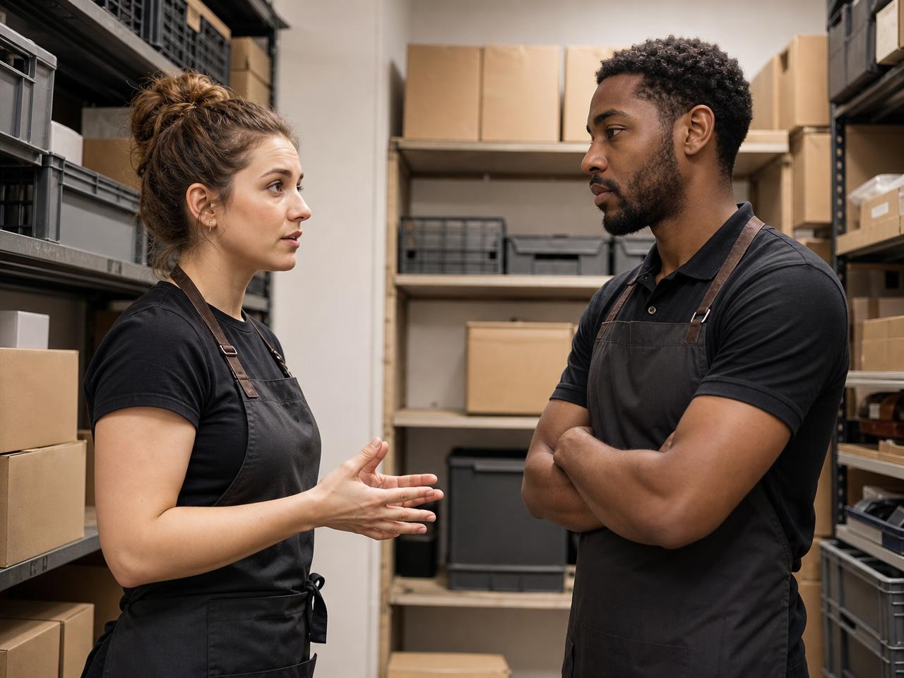 Two café workers talking beside a prep bench in a back-of-house area