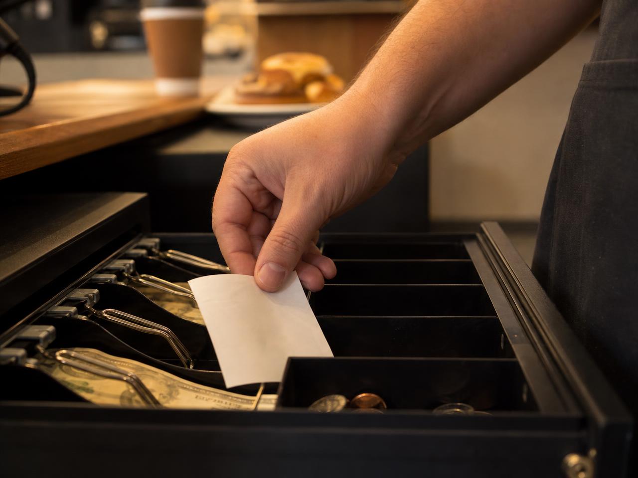 Hands at a café register and card reader during service