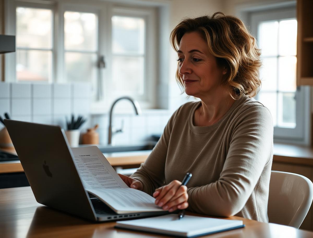 A woman at a kitchen table comparing job listings on a laptop with handwritten notes