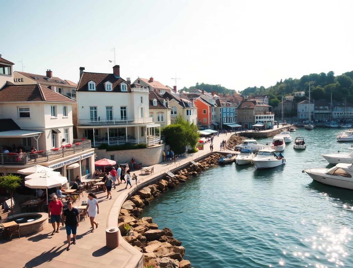 Coastal harbor town waterfront with cafes and boats