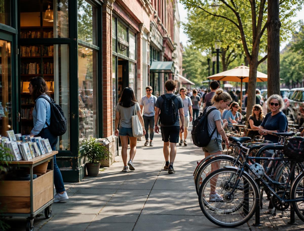 College town main street with students and residents outside a bookstore and cafe