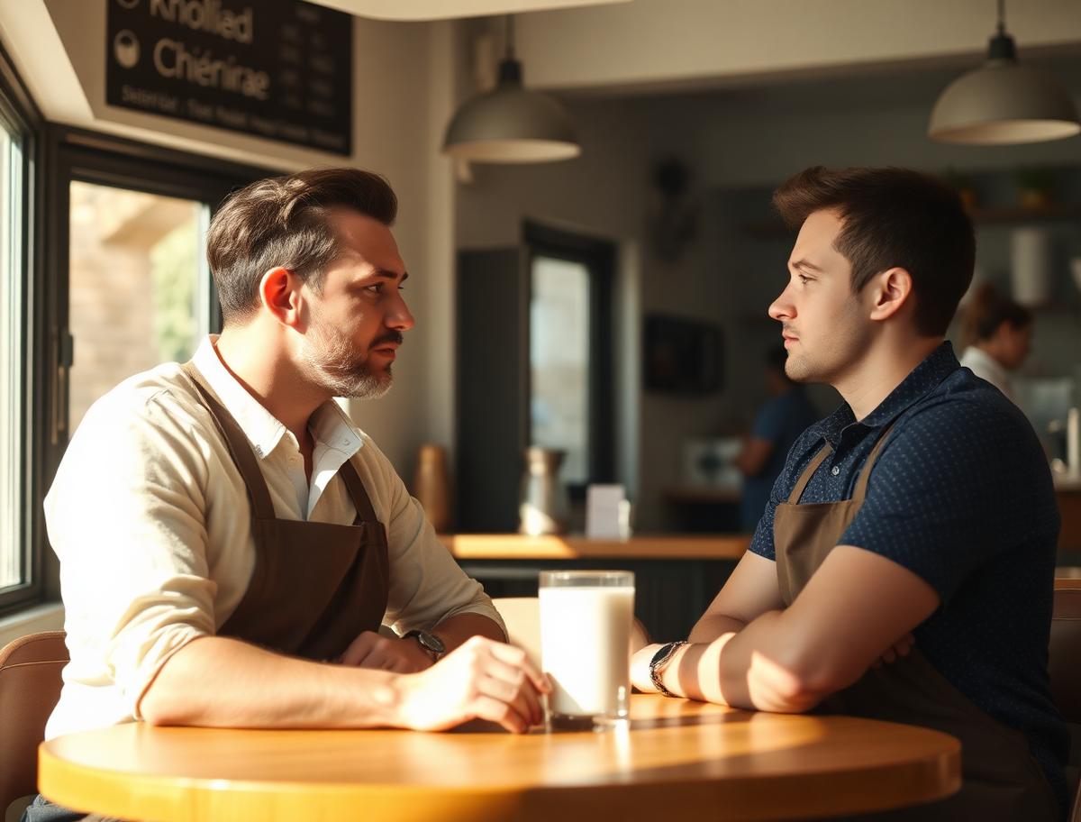 Two café colleagues talking calmly during a shift handover