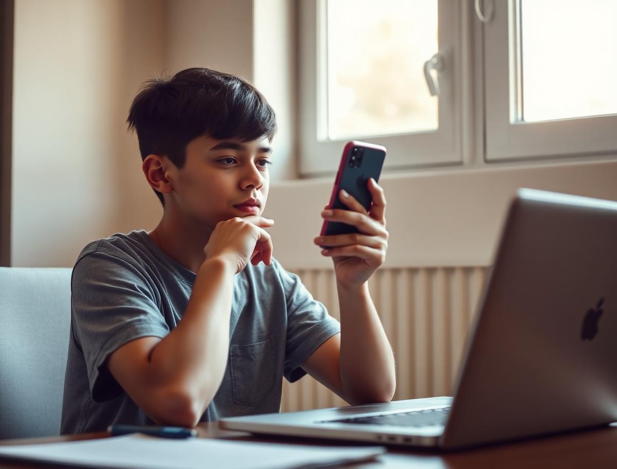 A young person pausing to think before posting on their phone at a desk