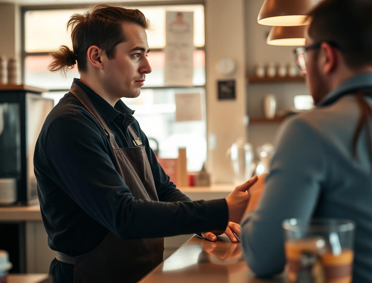 A café worker calmly serving an unhappy customer at the counter