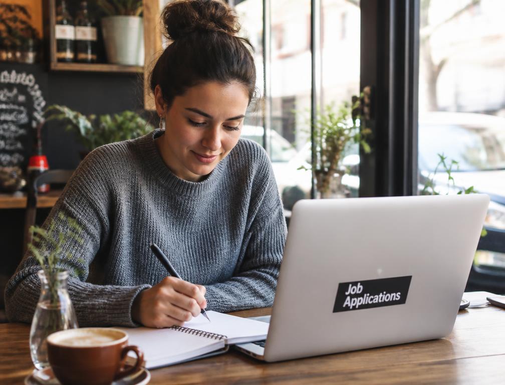 A woman at a café table researching job applications on a laptop