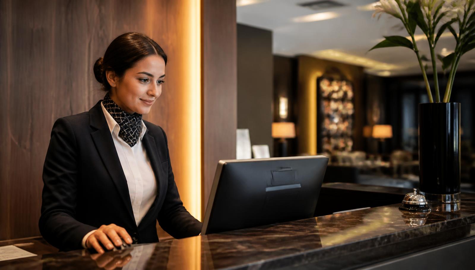 Hotel receptionist reading a message at the front desk of a calm lobby
