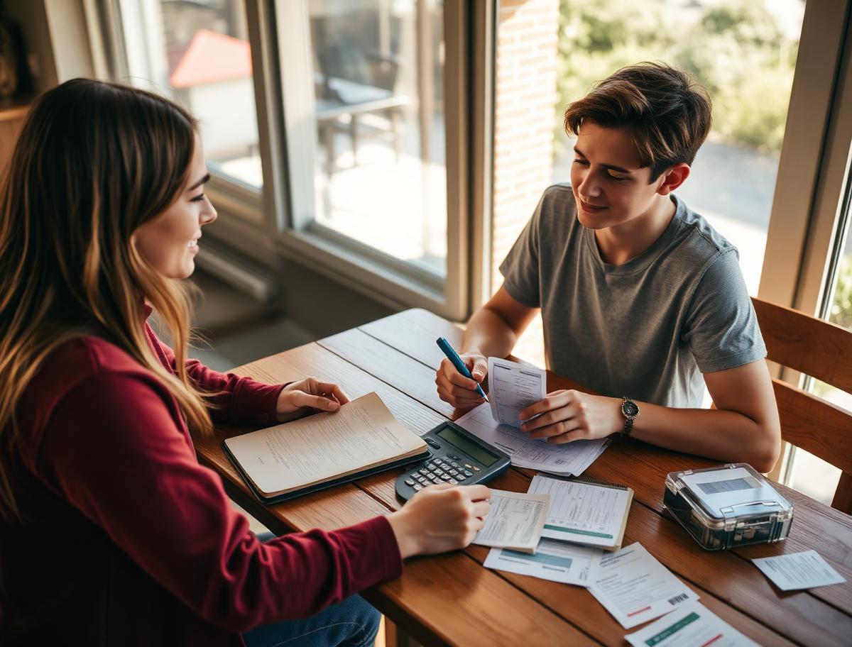 Two young adults budgeting together with a notebook and calculator