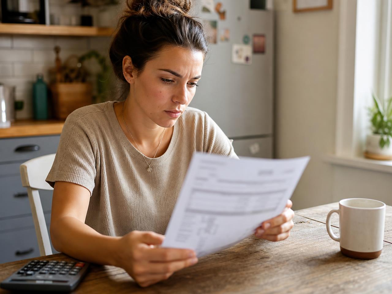 A person reading a printed pay stub beside a phone banking app