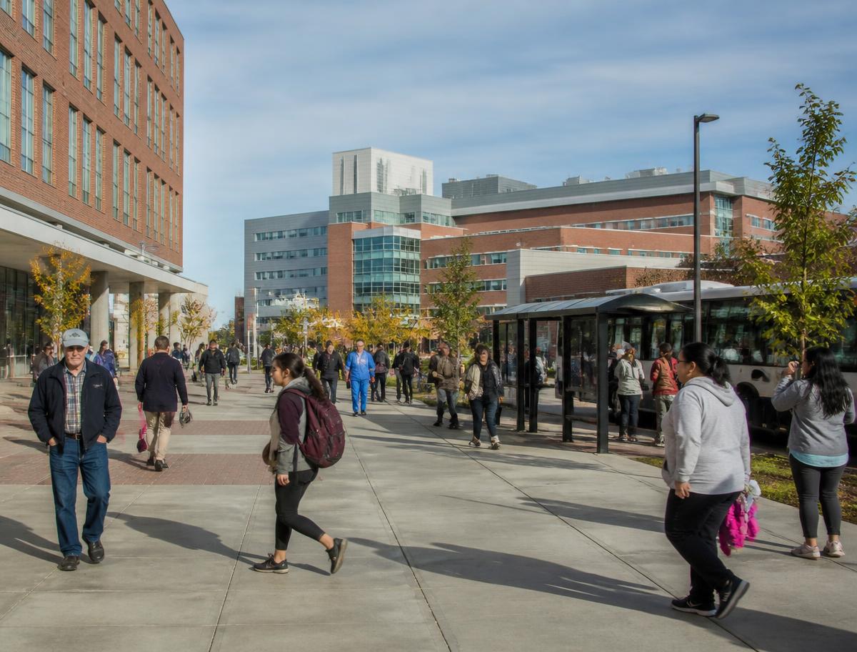 Small regional city plaza with a hospital, college and transit stop