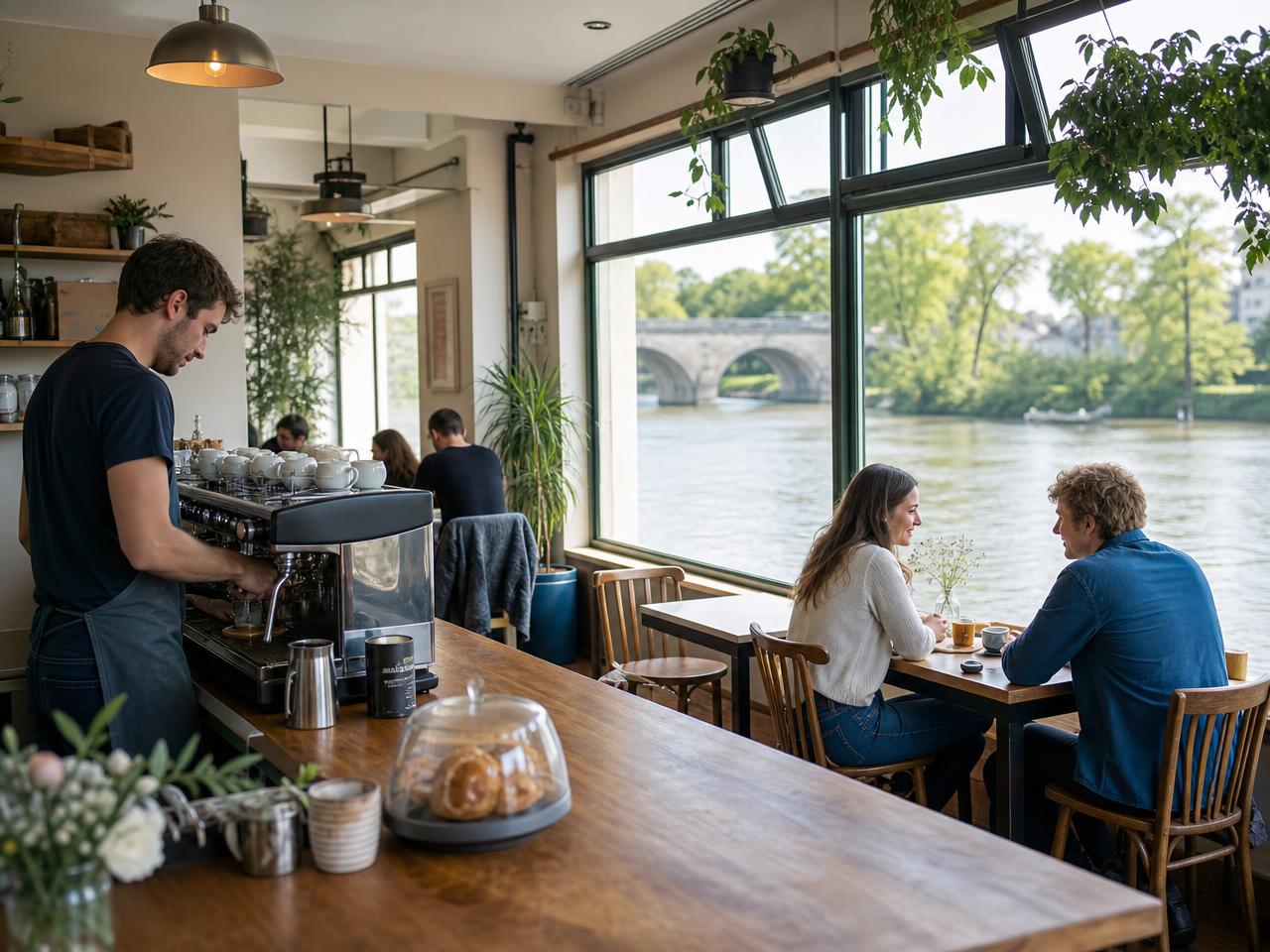 Busy riverside café counter during the morning rush