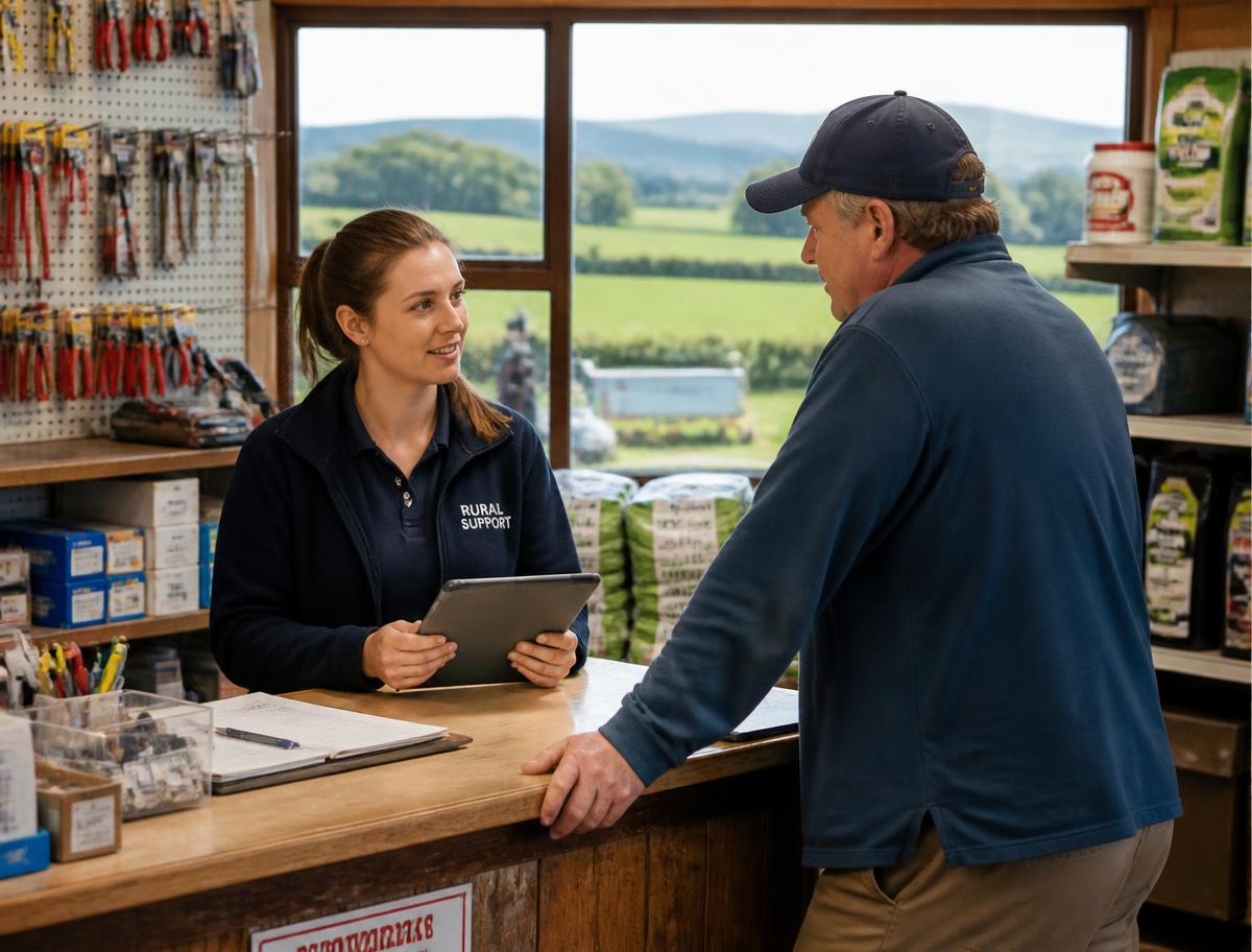 Rural road and farmland with a small roadside business