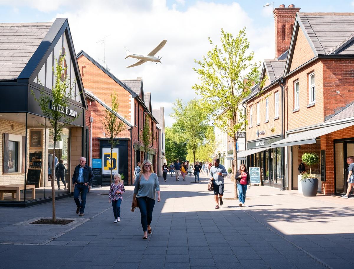 New suburban town center with shops and families walking