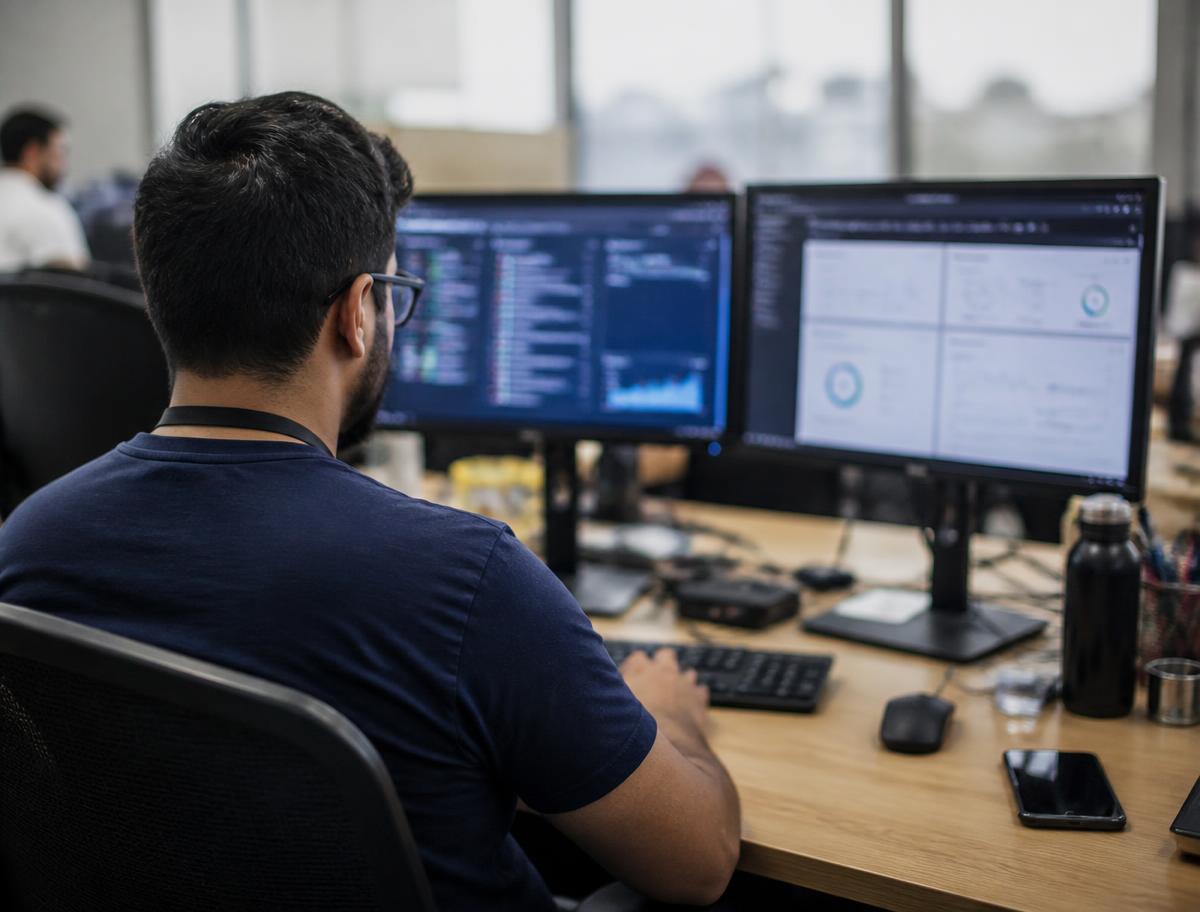 An open-plan agency floor with rows of monitors and a wall of client campaign printouts.